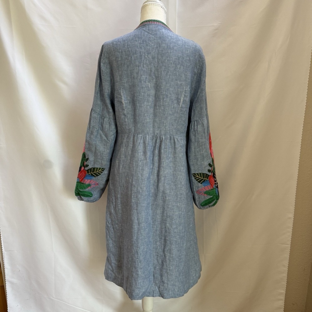 Boden Leonie Parrot Embroidered Linen Dress Blue Women's Resort Vacation 10R - Picture 6 of 15